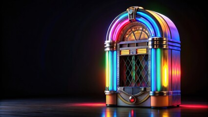 A vintage jukebox with glowing neon lights stands in a darkened room, ready to play the soundtrack of the night.