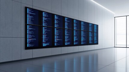 Large digital data screens displaying code in a modern control room