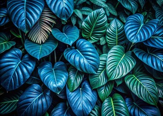 Enchanting Dark Blue Tropical Rainforest Leaves Captured in Lush Greenery, Showcasing Nature's Beauty and Exotic Flora in a Serene Environment for Stunning Visuals