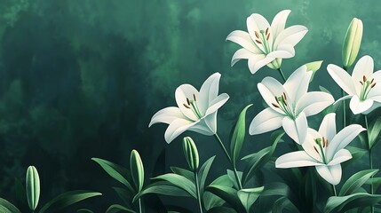 White lily flowers on a green background Vector illustration