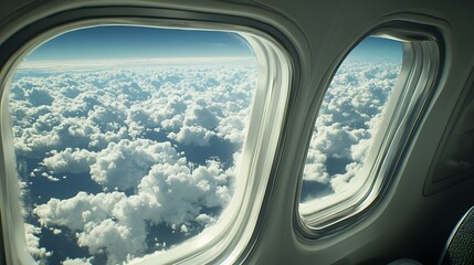 Naklejka premium View from airplane window on blue sky with white clouds