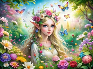 Enchanting Elf Princess in a Fairytale Wonderland for Children's Illustrations, Perfect for Postcards and Stickers, Featuring High Depth of Field on a White Background