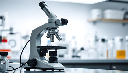 Microscope in laboratory. Science theme isolated with white highlights, png