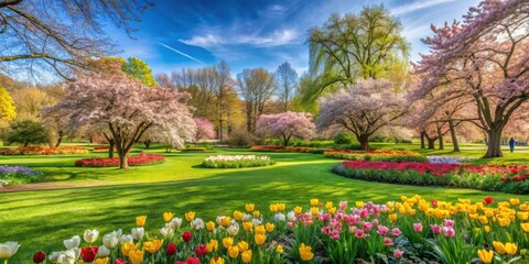 Obraz premium A vibrant garden with a blooming pink and white cherry blossom tree in the foreground, surrounded by colorful flowers, lush green grass, and a clear blue sky with fluffy clouds