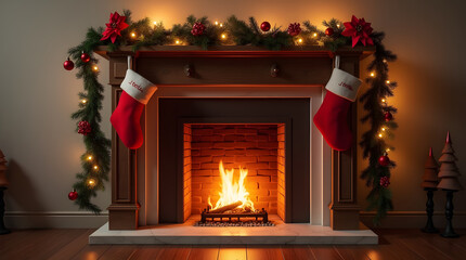 Modern fireplace with stockings, holiday garlands, and a flux glow effect