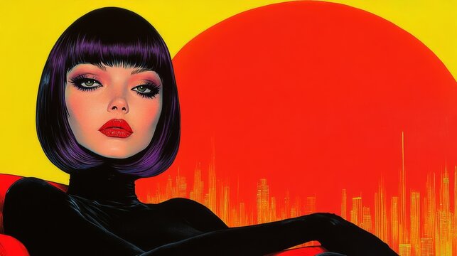 A retro-futuristic image of a woman with a purple bob haircut lounging on a sofa, in a world of big city lights and art deco.