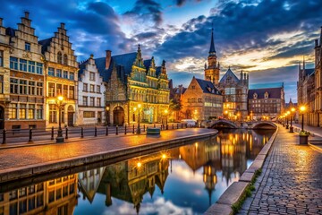 Fototapeta premium Enchanting Low Light Photography of Traditional Medieval Architecture in the Old Town of Ghent, Belgium, Featuring Historic Buildings and Cobblestone Streets at Dusk