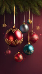 Elegant Christmas ornaments with intricate gold designs on a blurred festive background.