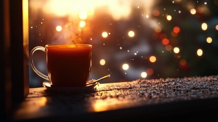 Obraz premium A cozy cup of steaming coffee beside a glowing sunset with blurred bokeh lights.