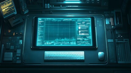 A futuristic workspace with a tablet displaying data analysis and a keyboard.