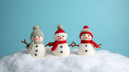 little knitted snowmans on soft snow on blue background