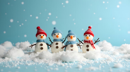 little knitted snowmans on soft snow on blue background