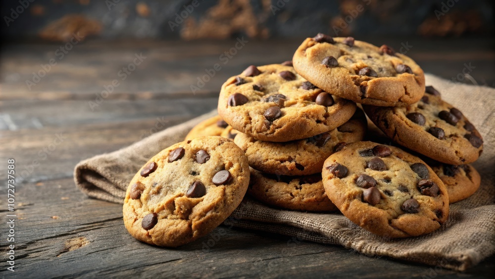 Poster a stack of chocolate chip cookies on a rustic burlap napkin, capturing the warmth and comfort of a c