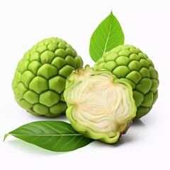 Fototapeta premium A pair of green cherimoya fruits with one cut open, revealing creamy flesh and surrounded by leaves.