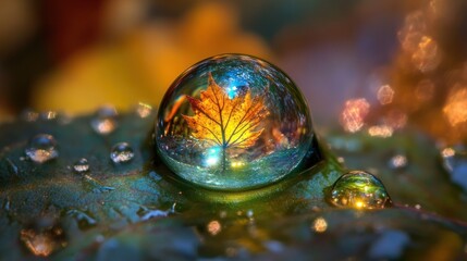 Autumn Leaf Captured in a Water Droplet