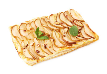 Delicious puff pastry tart with pears, almond and mint isolated on white
