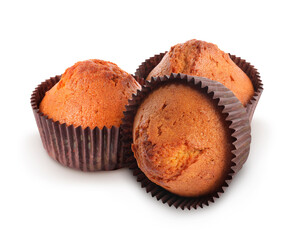 Tasty muffins in cupcake liners isolated on white