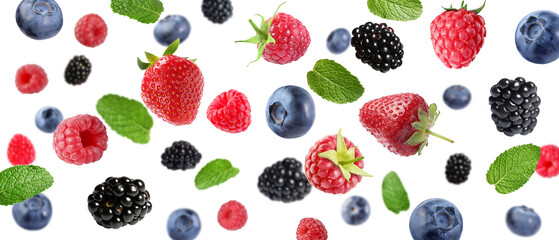 Mix of fresh berries in air on white background