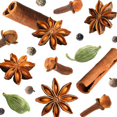 Cloves, cinnamon, anise, cardamom and mix of peppers in air on white background. Set of aromatic spices