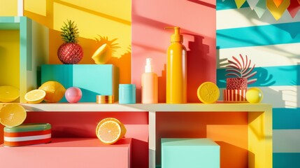 Colorful Summer-Themed Display with Cosmetics and Fruits