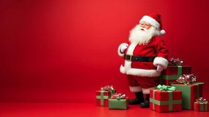 Santa Claus with a lot of gifts on a red background.