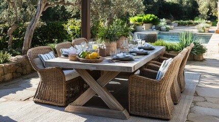 Elegant Outdoor Dining Area with Rustic Wooden Table and Wicker Chairs Surrounded by Lush Greenery and a Beautiful Pool, Perfect for Summer Gatherings