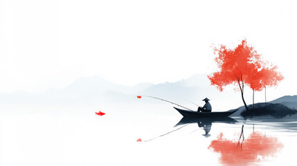 Red watercolor painting of a man sitting in a boat and fishing at lake