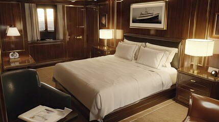 Elegant yacht interior showcasing a luxurious bedroom with rich wood paneling, soft lighting, and a beautifully made bed, perfect for upscale travel and leisure imagery.