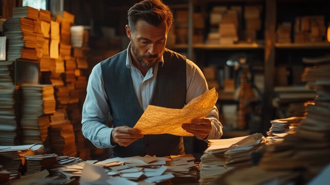A man in a vest examines a yellowed document in a dimly lit room surrounded by piles of papers.