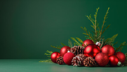 Seasonal Holiday Display with Red Baubles and Pinecones with Copy-Space