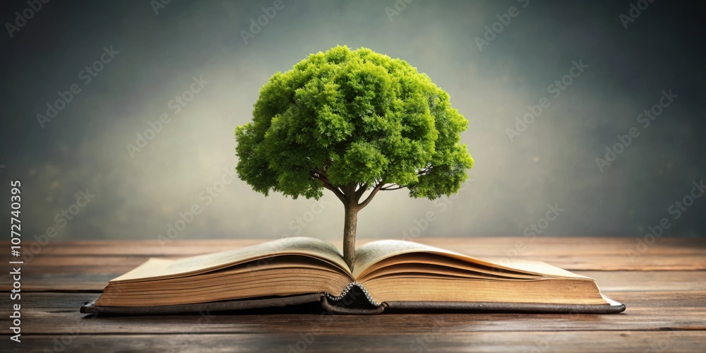 Poster A Tree Grows from the Pages of an Open Book, symbolizing the power of knowledge and the beauty of nature.