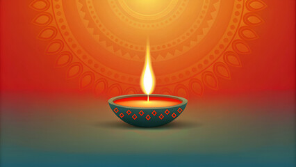 A glowing Diwali diya against a vibrant festive gradient background, symbolizing the celebration of the Hindu festival.Lit Diwali diya illuminating a colorful gradient background