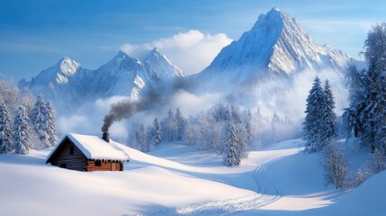 A serene winter landscape featuring a cozy cabin amidst majestic snow-covered mountains.