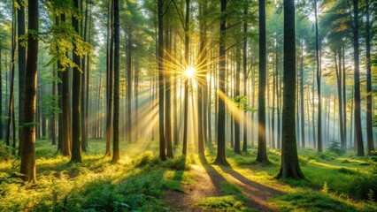 Naklejka premium Sunbeams illuminate a misty forest, casting long shadows through a dense canopy of green trees