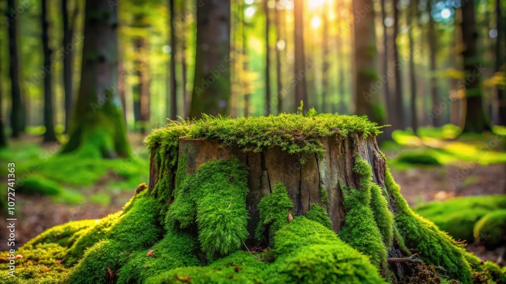 Poster a mossy tree stump in a sun-dappled forest, the sunlight filtering through the trees and illuminatin
