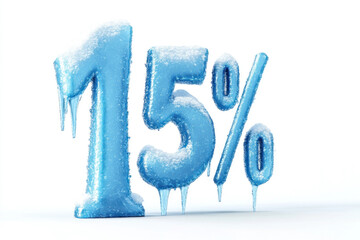 Icy blue 15 percent sign with frost and drips on white background, conceptual image for discounts or statistics