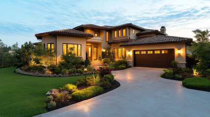Fototapeta premium Luxury Family Home Exterior in Evening Light with Lush Garden and Elegant Architecture