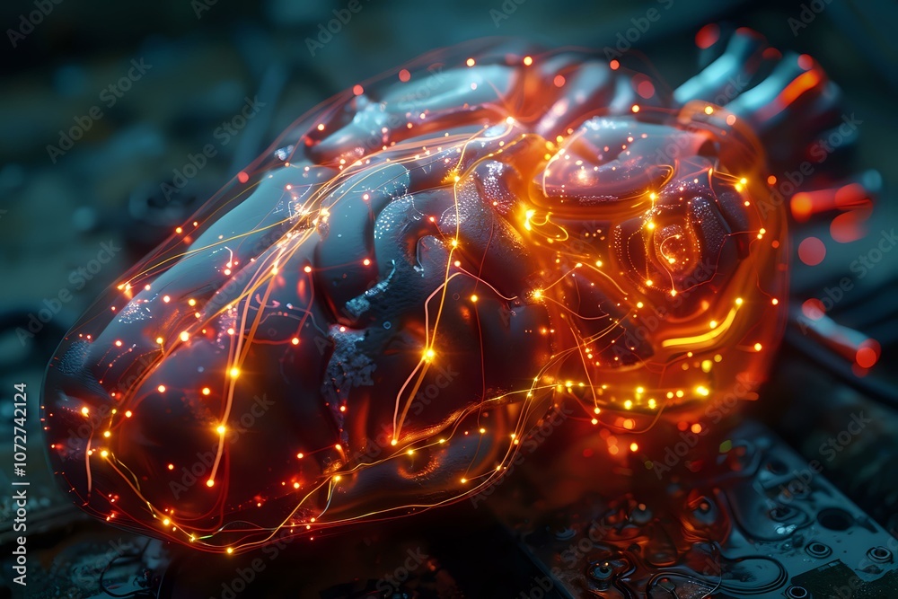 Poster futuristic brain heart model with illuminated neural pathways, representing artificial intelligence,