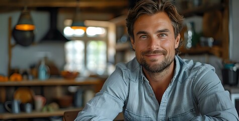Obraz premium Confident young Caucasian male entrepreneur in casual denim shirt smiling at camera in cozy coffee shop interior, perfect for business, lifestyle and success concepts.