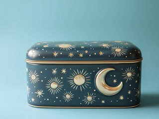 Vintage bread box with celestial designs, metallic gold accents, solid midnight blue background