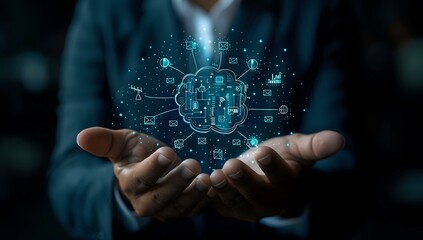 Hands presenting a digital brain interface with connected icons, representing artificial intelligence, data integration, and future technology. Ideal for AI, business innovation, and tech evolution th