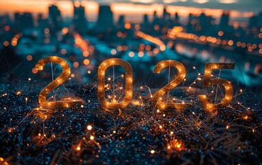 Illuminated "2025" numbers with warm fairy lights against a blurred cityscape at dusk, symbolizing celebration, anticipation, and the New Year. Perfect for holiday themes and festive events.