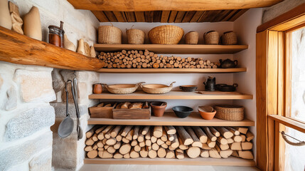 Rustic Kitchen Shelf with Firewood and Basket Storage, Cozy Home Decor in Natural Wood and Stone Setting, Organized Pantry Essentials Display