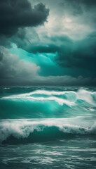 Obraz premium Dramatic ocean waves under a stormy sky with dark clouds.