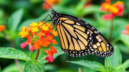 Obraz premium A Monarch butterfly with black and orange wings rests on a flower with orange and yellow petals.
