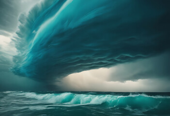 Fototapeta premium Dramatic ocean waves under a stormy sky with dark clouds.