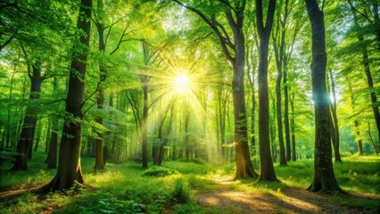 Obraz premium Sunlight streams through the canopy of a lush, green forest, illuminating the path and creating a breathtaking natural spectacle.