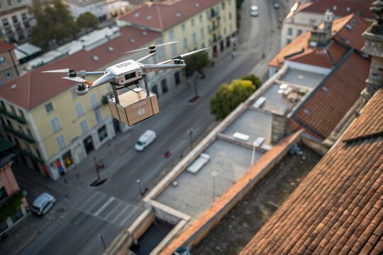 A drone delivering a package over a cityscape during sunset, showcasing modern delivery technology above rooftops