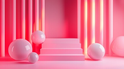Futuristic Pink Stage with Spheres and Neon Lighting