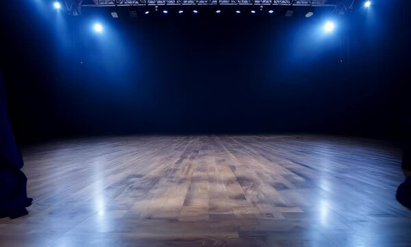 Blue theater curtains parted to reveal a dark stage with wooden floors